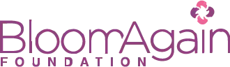 Bloomgan logo with pink and gray flower graphic.