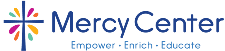 Mercy Center logo: blue cross with colorful petals, "Mercy Center" text, and "Empower Enrich Educate" tagline.