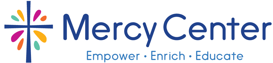 Mercy Center logo: blue cross with colorful petals, "Mercy Center" text, and "Empower Enrich Educate" tagline.