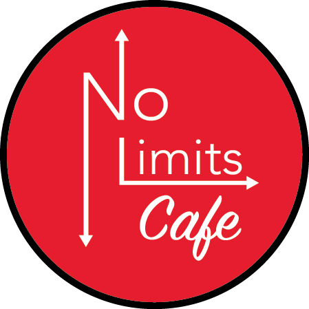No Limits Cafe logo featuring an arrow pointing up and down, and right, within a red circle.